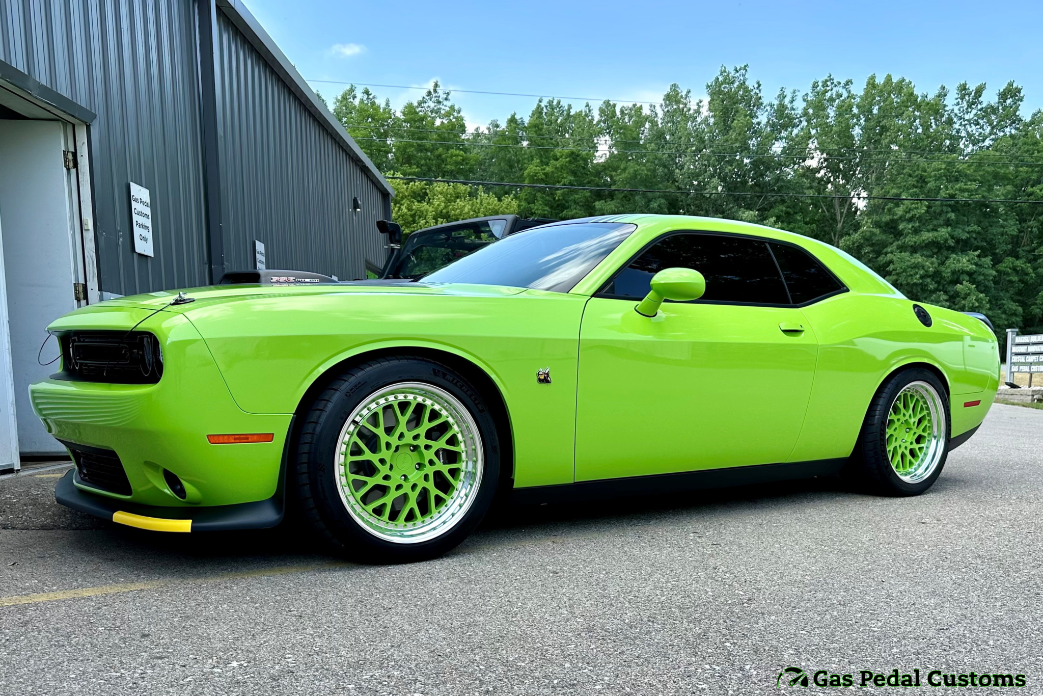 Challenger 392 Scat Pack Shaker lowered, staggered 20" Rotiform 3-piece wheels, Michelin tires, and Borla ATAK exhaust. 